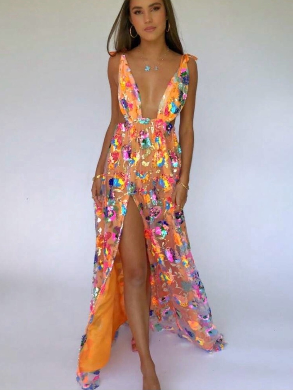 Orange Sequin Plunge Maxi Dress